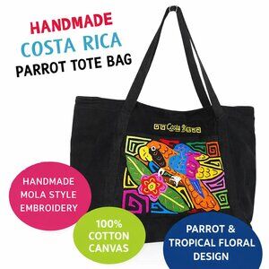 Handmade Costa Rica Mola Embroidered Parrot Tote Bag Boho Canvas